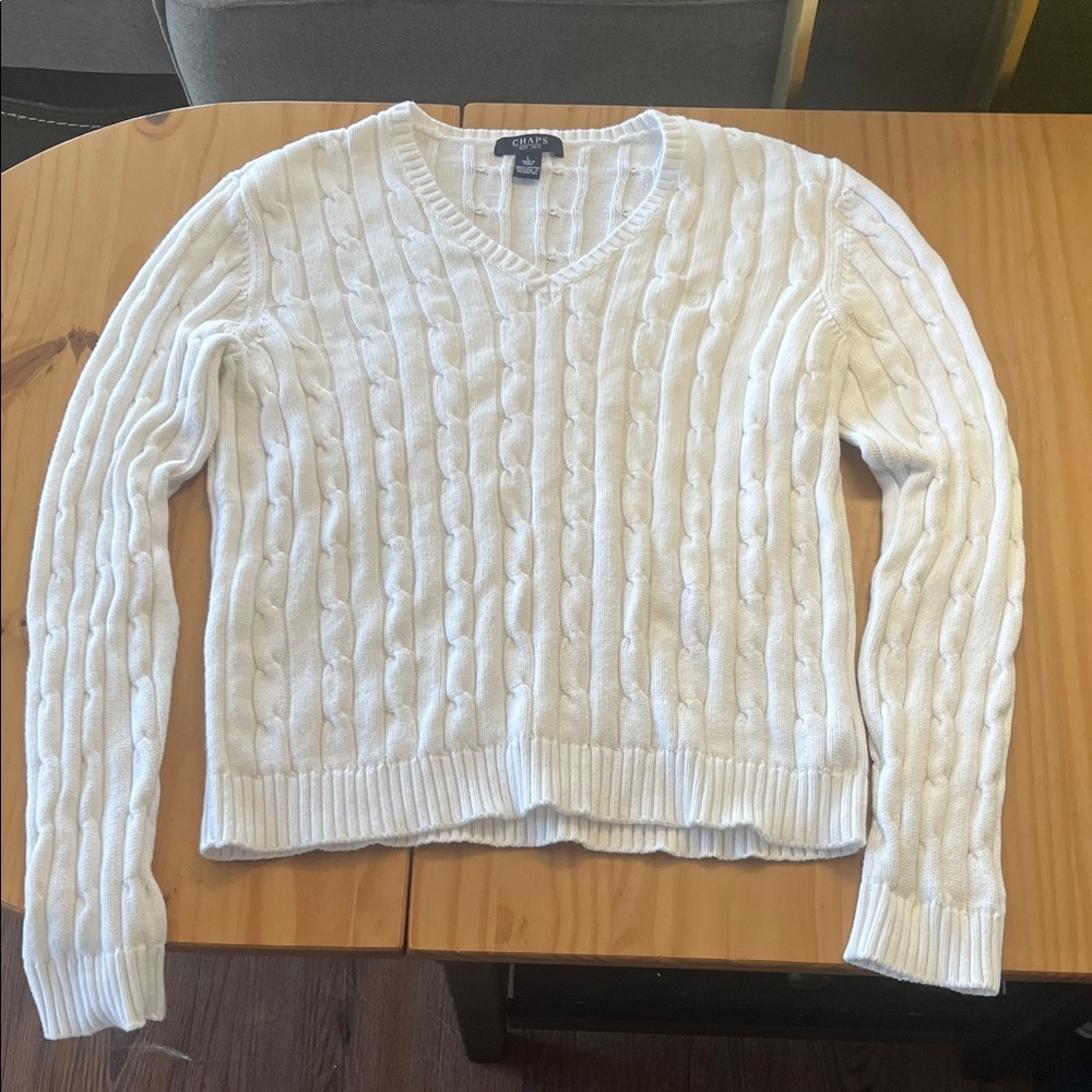 Chaps Cable Knit V-neck Sweater 100% cotton White preppy cozy size large